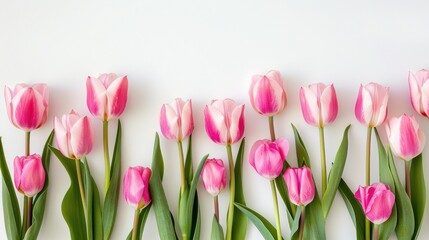 Beautiful bunch pink tulips flower spring row on a white background. AI generated image