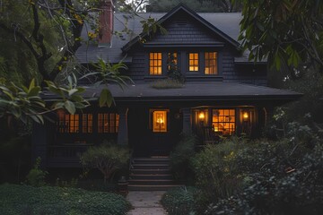 A mysterious craftsman house exterior painted in obsidian black, blending seamlessly into the night.