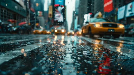 Rainy City Street with Taxi