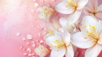 Closeup detailed of white flower petals with yellow stamens on a soft pink background. AI generated - obrazy, fototapety, plakaty