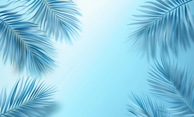 Fototapeta na wymiar Blue background with palm trees around. Baclground with empty space. Summer vacation concept.