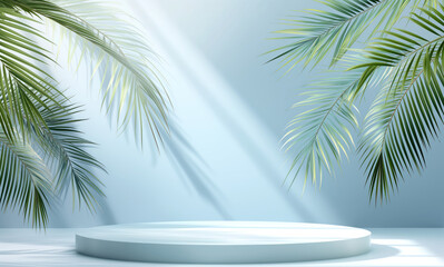 Fototapeta premium Blue background with palm trees around. Baclground with empty space. Summer vacation concept.
