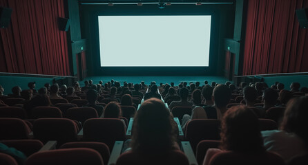 Mockup white screen in theater. Crowded cinema with empty white screen.