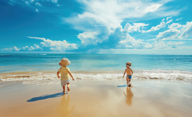 Kids running any playing on the beach. Summer vacation and travel concept.