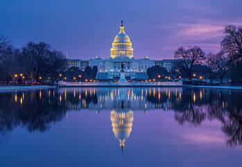 United States Capitol Complex with the reflection at sunset. Democracy and election concept. 2024 president elections. 