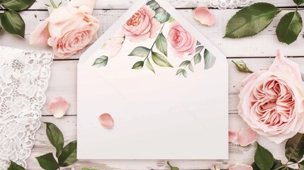 Wedding invitation card envelope with watercolor pink blue roses flowers art design. AI generated