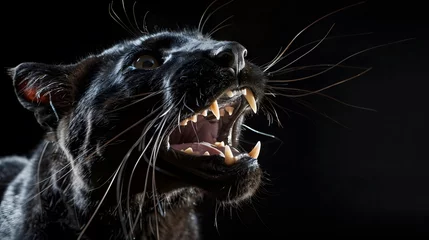 Tuinposter portrait of a black panther smiling showing teeth, photo studio set up with key light, isolated with black background and copy space © Ziyan