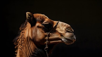 portrait of a camel, photo studio set up with key light, isolated with black background and copy space