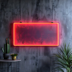 Red neon sign in rectangle font hangs on wall in room