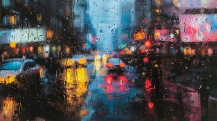 Rainy Urban Street Through Glass