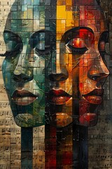 A cubist illustration of faces in contrasting color palettes over a musical score background