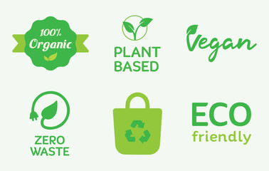 Sustainability, zero plastic, environmental, recycling, green energy, ecological. Organic, renewable, zero waste. Vegan, plant-based. Illustration vector icon set