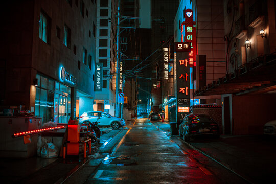 Seoul, South Korea - February 24, 2024: Seoul street with night bars