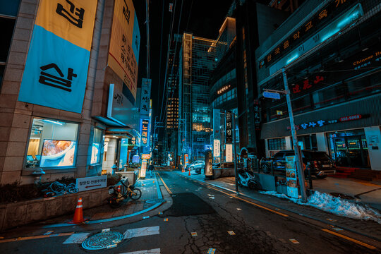 Seoul, South Korea - February 23, 2024: Seoul street with night bars