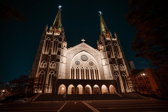Seoul, South Korea - February 23, 2024: Chunghyeon Church at night, Presbyterian church