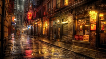 Fototapeta na wymiar Neon-lit Wet Street After Rain