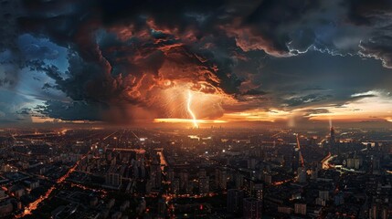 Dramatic Thunderstorm Over City at Dusk - obrazy, fototapety, plakaty
