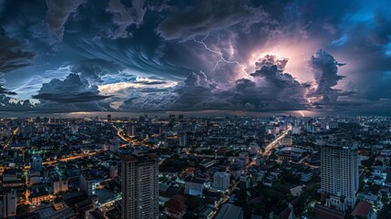 Dramatic Thunderstorm Over City at Dusk