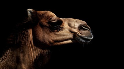 portrait of a camel, photo studio set up with key light, isolated with black background and copy space