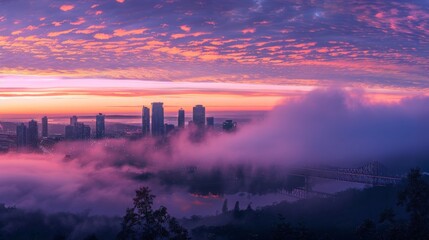 City at Sunrise with Dramatic Clouds and Fog
