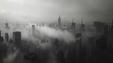 Foggy Cityscape with Skyscrapers at Dawn