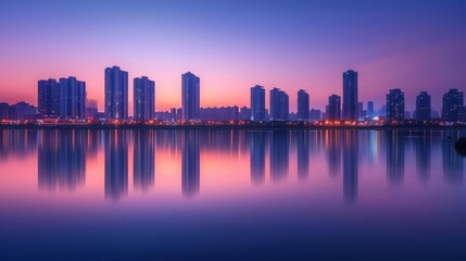 Fototapeta premium Skyline at Twilight Reflecting in Still Water