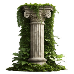 antique greek column isolated on a white background, png, representing nature's embrace of history and architecture.