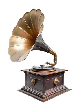 Antique gramophone with a brass horn over a white background, png, symbolizing nostalgia and classic music.