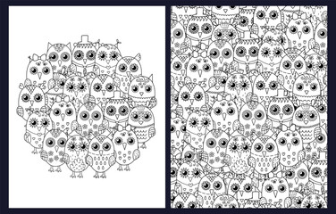 Doodle owls coloring pages set. Black and white templates bundle with cute woodland characters. Outline background. Vector illustration