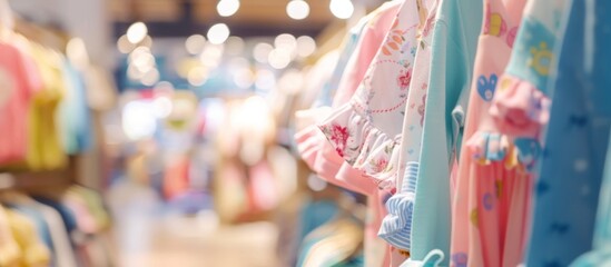 Fototapeta premium Assorted baby clothes, including onesies and tiny pants, neatly hung on a display rack in a store for selection