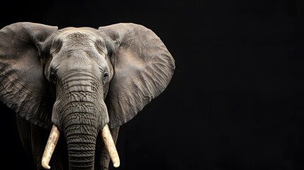 portrait of a happy smiling elephant photo, isolated with black background and copy space
