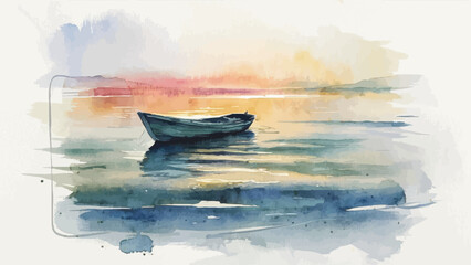 A Serene Watercolor Masterpiece: Tranquil Dawn and Drifting Boat