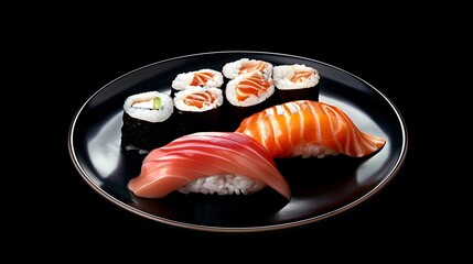 sushi variety on a plate - sea food menu - isolated on black background for menu card illustration - salmon and fresh raw seafood