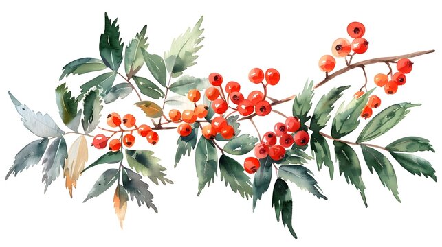 recommend clip art: Watercolour branch of rowan leaves berries branch isolated illustration on white background Hand painted Christmas clip art for design or printWatercolour branch of rowan leaves berries branch isolate