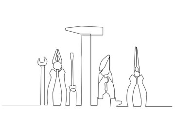work tools hammer pliers screwdriver set group equipment one line art design vector