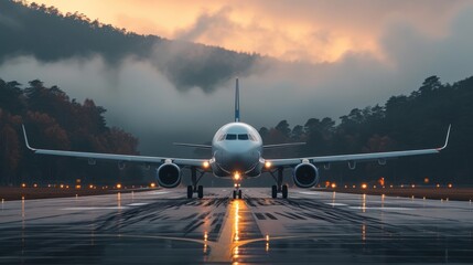 On an airport runway, an airplane flies - obrazy, fototapety, plakaty
