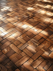 A wooden floor with a pattern of squares and rectangles. The floor is made of wood and has a rustic feel