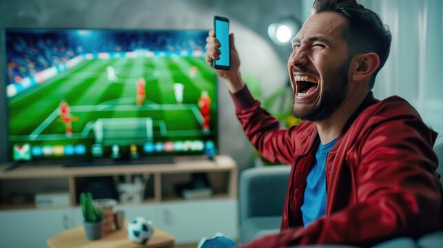 A man is happy after winning a bet. holding a mobile phone In the background there is a TV with a football match on.