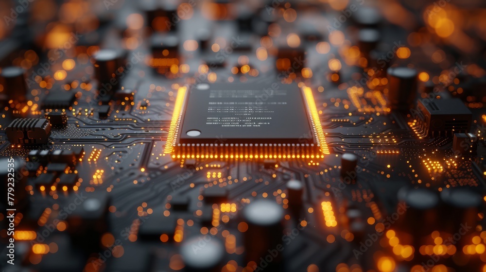 Poster an advanced technology concept visualisation of circuit board cpu processor microchip transformation