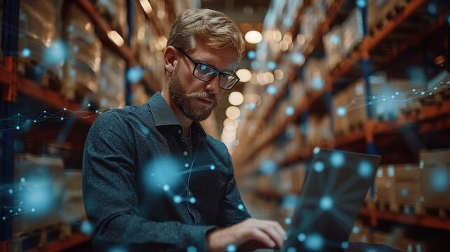 This is a futuristic concept showing the Chief Technology Officer of a data center holding a laptop, standing in a warehouse, with digitalization lines streaming through servers. SAAS, cloud storage,