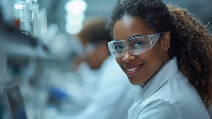 The two engineers are working on artificial intelligence software on a laptop while casually chatting in a high tech research office.