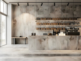 A modern, minimalist bar with a lot of shelving and a counter. The bar has a lot of bottles on the shelves and a coffee maker - Powered by Adobe