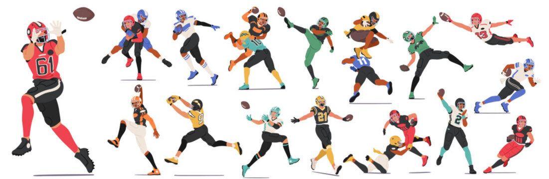 Rugby Player Characters Charge Across The Field, Tackling Fiercely, Sprinting And Skillfully Passing The Ball Vector Set