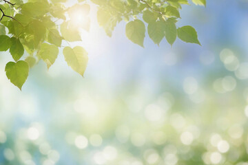 Tree with leaves and sun shining on it blue blurred background in subtle bokeh at back and space for text
