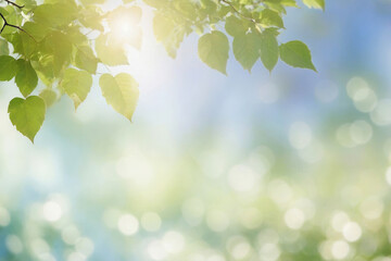 Obraz premium Tree with leaves and sun shining on it blue blurred background in subtle bokeh at back and space for text