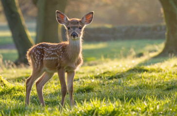 A baby deer is standing in a grassy field. The sun is shining brightly, casting a warm glow on the scene. The deer appears to be curious and alert