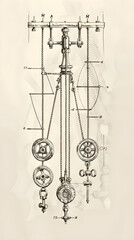 Detailed Illustration of Complex Pulley Mechanism with Forces - obrazy, fototapety, plakaty
