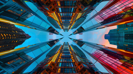 A cityscape with tall buildings and a blue sky. The buildings are lit up with different colors, creating a vibrant and lively atmosphere. Concept of energy and excitement