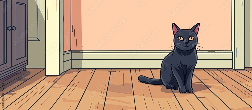 Poster A carnivore feline from the Felidae family, with whiskers, is lounging on a woodstained floor in a room with a window, surrounded by wooden building materials