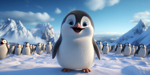 Cute adorable pinguin standing on snow,  - obrazy, fototapety, plakaty